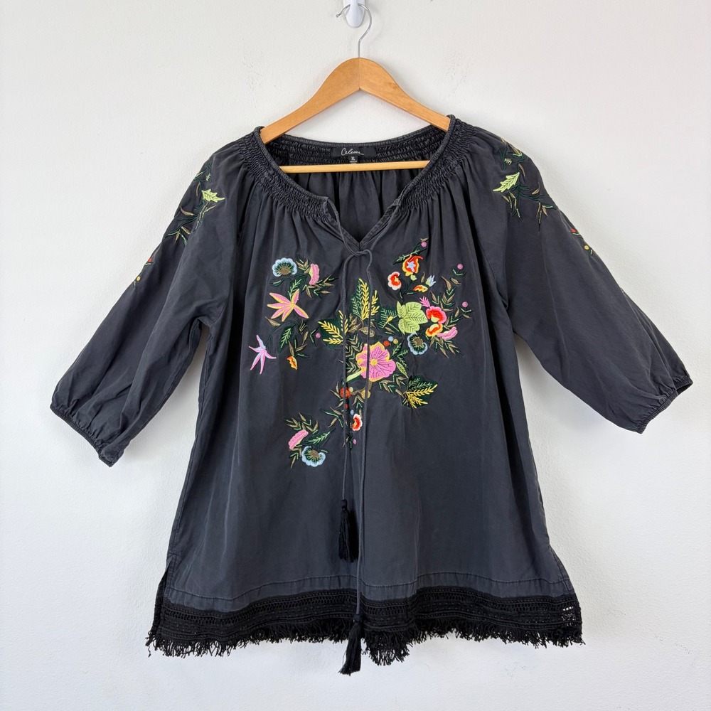 Calessa Womens XL Black Floral Embroidered Tassel Peasant Blouse Crochet Fringe